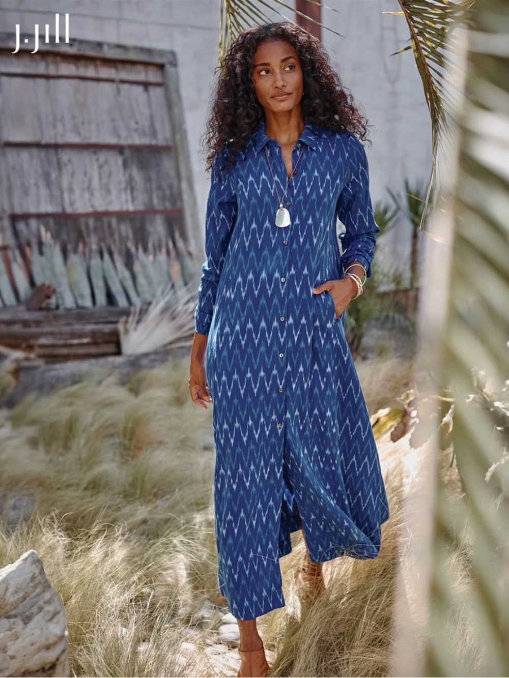Jill Pure Jill Elements Blue Ikat Cotton Maxi Shirt Dress Large